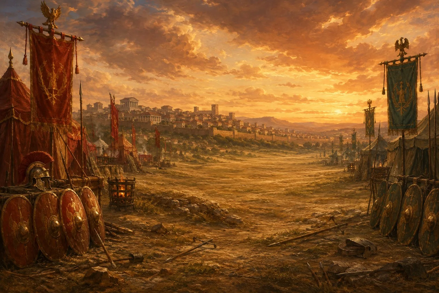 A torchlit Roman guild hall hung with banners
