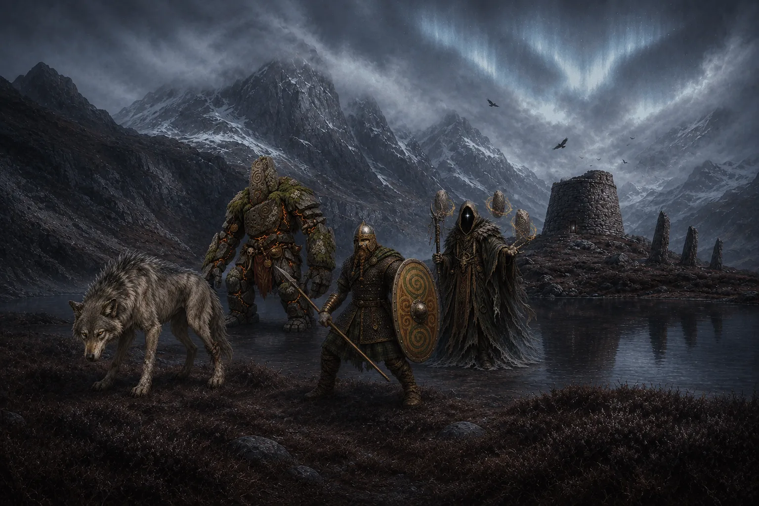 Warriors and creatures in the stormy Caledonian Highlands