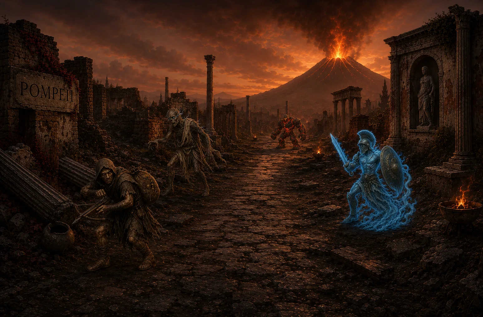 The haunted ruins of Pompeii beneath an erupting Vesuvius